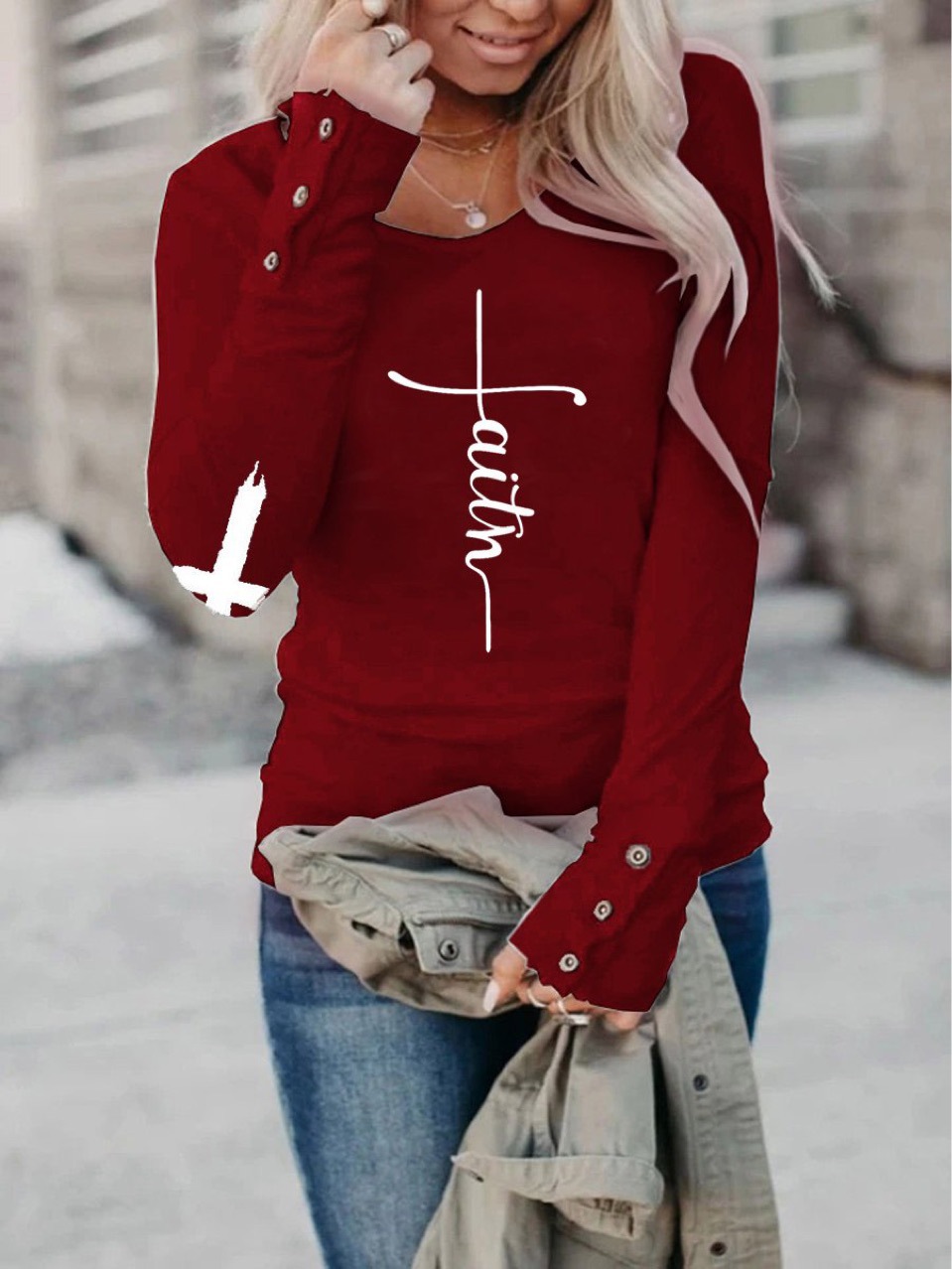 Women's T-shirt Long Sleeve T-shirts Printing Casual Cross Letter display picture 4