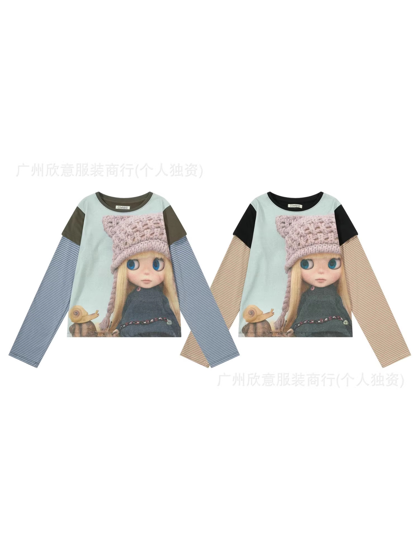 Korean Niche Design Coy** Big-Eyed Doll Print Craft, Large Neckline, Can Be Worn Off-Shoulder, Loose Fit, Ins-Style Casual Short-Sleeve