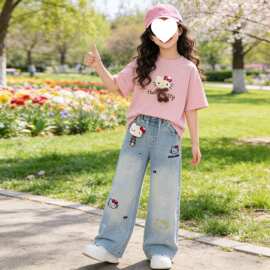 女童夏季短袖套装新款儿童洋气卡通猫牛仔裤中大童两件套一2026