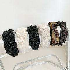 Elegant Retro Style Beaded Headband with Shiny Wide Tie for Face Shaping, Adjustable Knot for Height Increase, Top Headband for Women