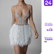 INS秋冬新款欧美外贸亚马逊吊带V领羽毛连衣裙性感女装宴会晚礼服