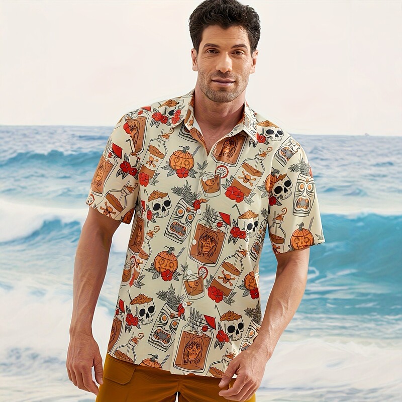 Amazon Halloween Skull Pumpkin Special Cocktail Print Men's Short Sleeve Shirt in Stock One Piece Dropshipping