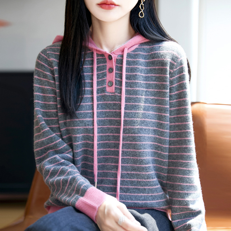 秋冬新款100纯羊毛衫女连帽套头针织打底衫上衣条纹宽松女装毛衣|undefined