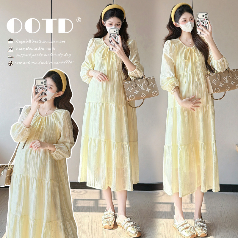 2026 Spring Maternity Dress Simple Sweet Slimming Dress New Korean Style Loose High Waist Belly Covering Maternity Dress