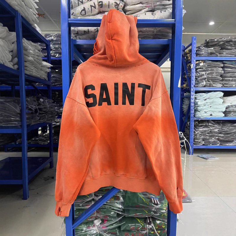 SAINT 25ss字母印花重磅水洗做旧宽松休闲连帽卫衣男女潮|undefined