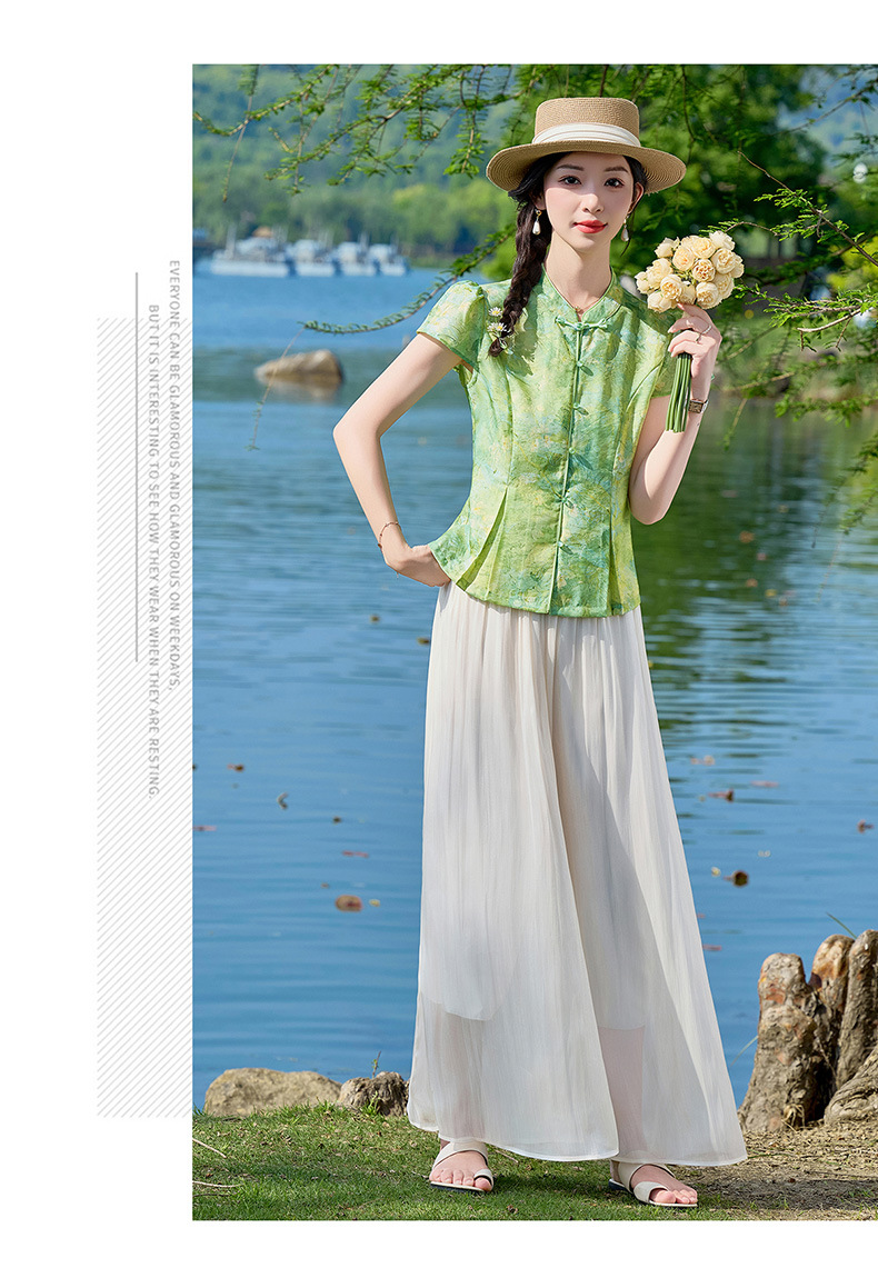 Bộ quần áo nữ mùa hè 2026 sơ mi cổ đứng họa tiết jacquard + quần ống đứng hai mảnh ZQ620 — Màu ảnh chi tiết 19