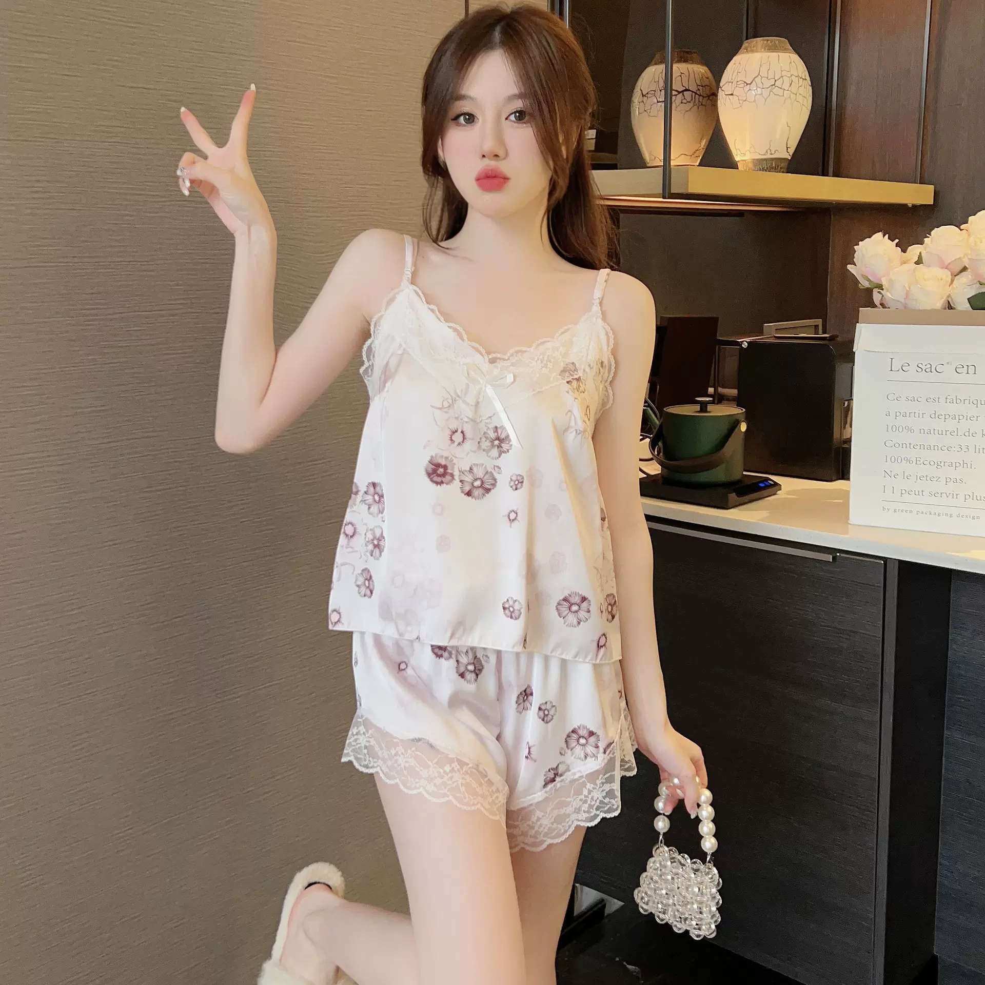 夏季新款冰丝性感纯欲风吊带短裤套装印花家居服小清新居家睡衣
