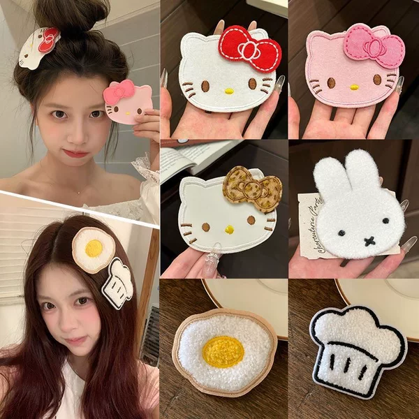 Soft and cute cartoon embroidered bangs stickers, KT cat and egg designs, various styles full of girlish charm, super pretty hair clips for bangs and stray hairs