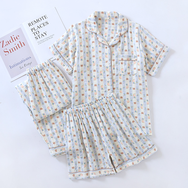 パジャマ三点セット女性春夏二重綿ガーゼ薄い半袖長ズボン半ズボン綿クレープ家庭服