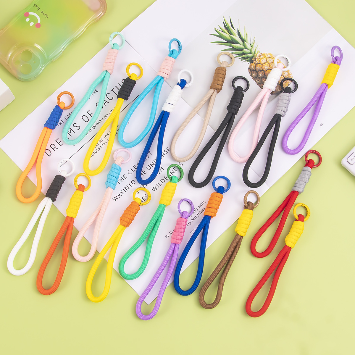 Trendy Minimalist Color-Blocking Phone Lanyard Keychain Universal Mesh Short Strap Creative Car Key Accessory