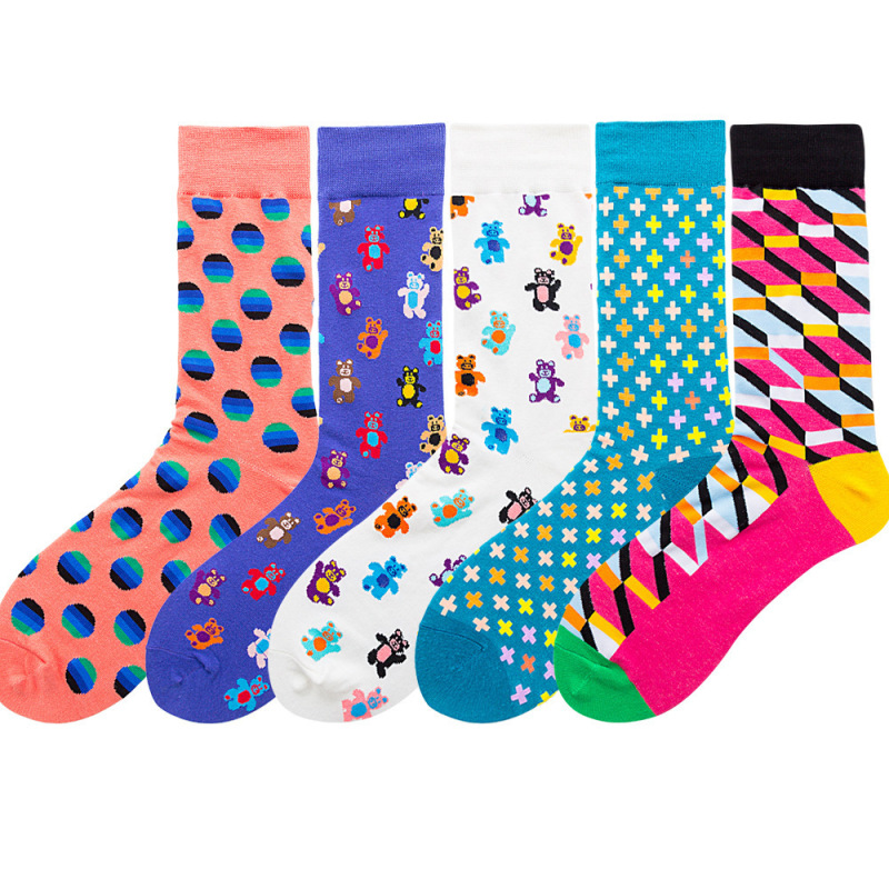 New Amazon British Style Diamond Gradient Men's Socks Happy Women's Socks Gift Bear Mid-Tube Socks Trendy Street Skateboard Socks