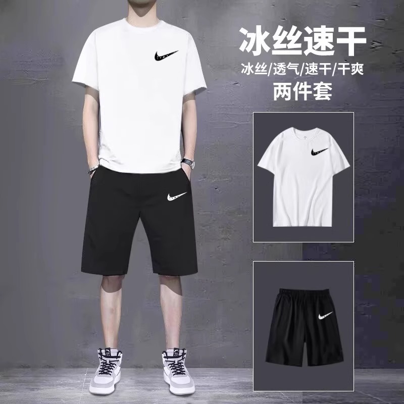Trendy Brand Ice Silk Casual suit Men's Short-sleeved T-shirt Summer Shorts Sports Pants Running Quick-drying Clothes Two-piece Set