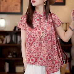 ハイエンドの中国風の女性の夏25ハイエンドの軽い豪華さ、年齢を減らす、西洋スタイル、ユニークで美しい新しい中国風のピンクのジャカードトップ