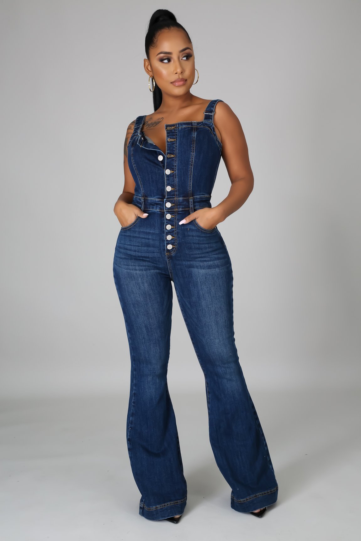 K Women's Fashion Casual Sexy Shoulder Strap Denim Jumpsuit Wide Leg Pants_ecoleips.com