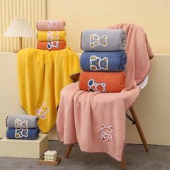 小熊刺繡毛巾浴巾鈎邊加厚子母套巾 卡通珊瑚絨吸水家用禮品毛巾