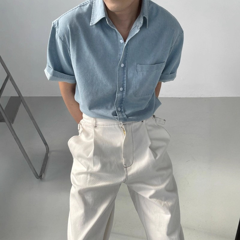 Wholesale New Summer Simple Solid Color Versatile Half-Sleeve Cleanfit Loose Casual Denim Short-Sleeve Shirt for Men Trendy