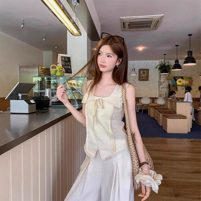 Korean Style Lace-Up Bow Sleeveless Vest Shirt for Women Summer New Design Niche Waist Slimming Shirt Trendy Korean Style Lace-Up Bow Sleeveless Vest Shirt for Women Summer New Design Niche Waist Slimming Shirt Trendy