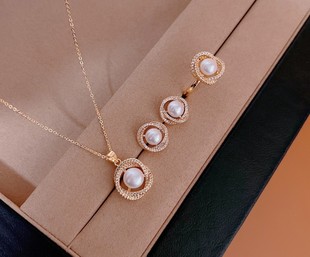 14K gold injection series set earrings➕Necklace➕Ring 7.5-8mm +8.5-9MM5A quality freshwater pearl