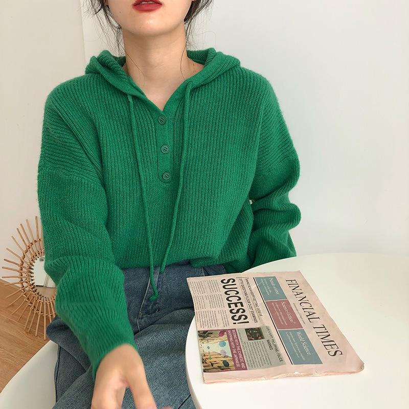 Suéter de mujer invierno / otoño abrigo temperamento de alto nivel japonés / coreano relajado chaqueta de viento con correa de correa variada camisa de punto con capuz image 4