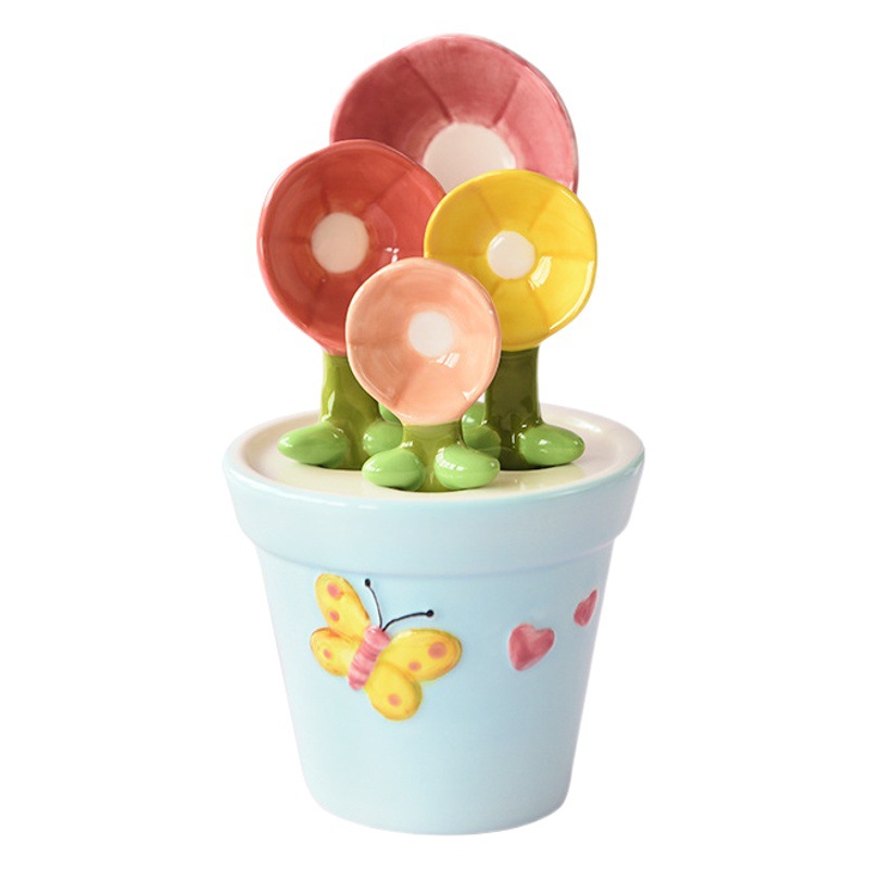 Cuchara de flor de mariposa Linda Escala de hornear pétalo cuchara de medición creativa hogar cocina cerámica sal cuchara de azúcar con base