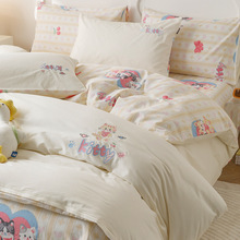 少女刺绣四件套纯棉全棉卡通床上用品儿童女孩床单三件套白色被套