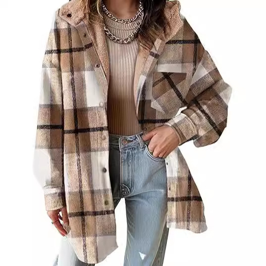 2025 Amazon European and American Style Flannel Plaid Jacket Long-Sleeved Autumn Button Color-Blocked Hooded Coat
