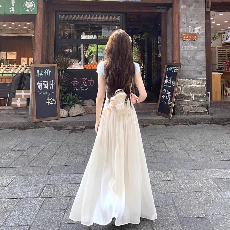 アプリコットスーパーフェアリーストリーマーガーゼハイウエストAラインスカート女性用夏の伸縮性ウエストルーズで多用途なスリムロングスカート|undefined