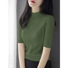 高级感绿色半高领中袖打底衫女春秋内搭五分袖t恤短袖上衣