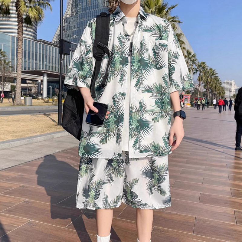 Sanya Travel Casual Men's Beach Shorts Fashion Trendy Floral Shorts Seaside Vacation Floral Shirt Hawaiian Set