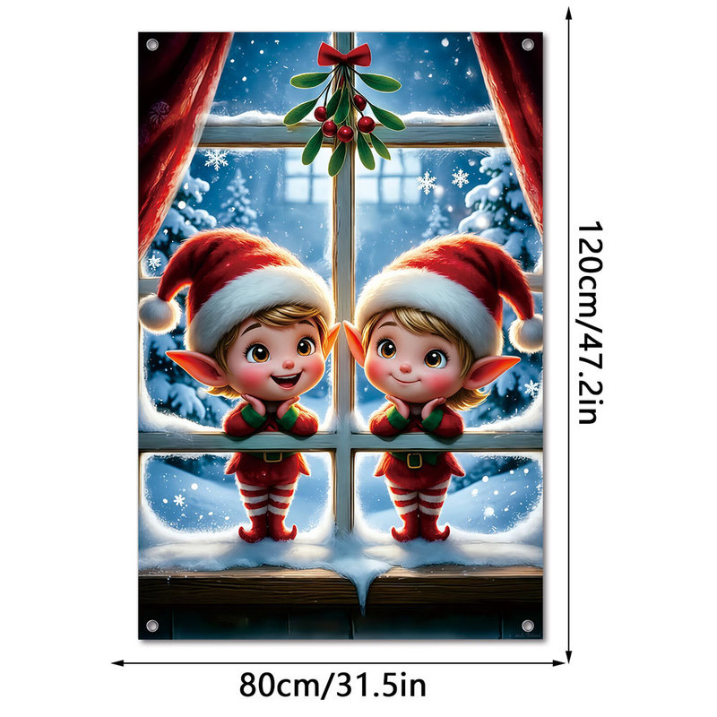 Cross-border best-selling Christmas elf fake window flag fabric, festive atmosphere window decoration curtain background hanging cloth