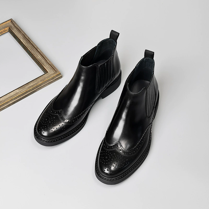 Новые мужские ботинки челси, деловые модельные туфли, ботильоны с круглым носком, британские высокие кожаные туфли, резные из воловьей кожи