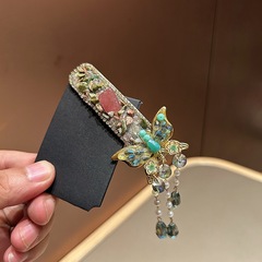 新中式高级感绿色闪钻蝴蝶流苏发夹民族风刘海侧边夹发卡一字夹