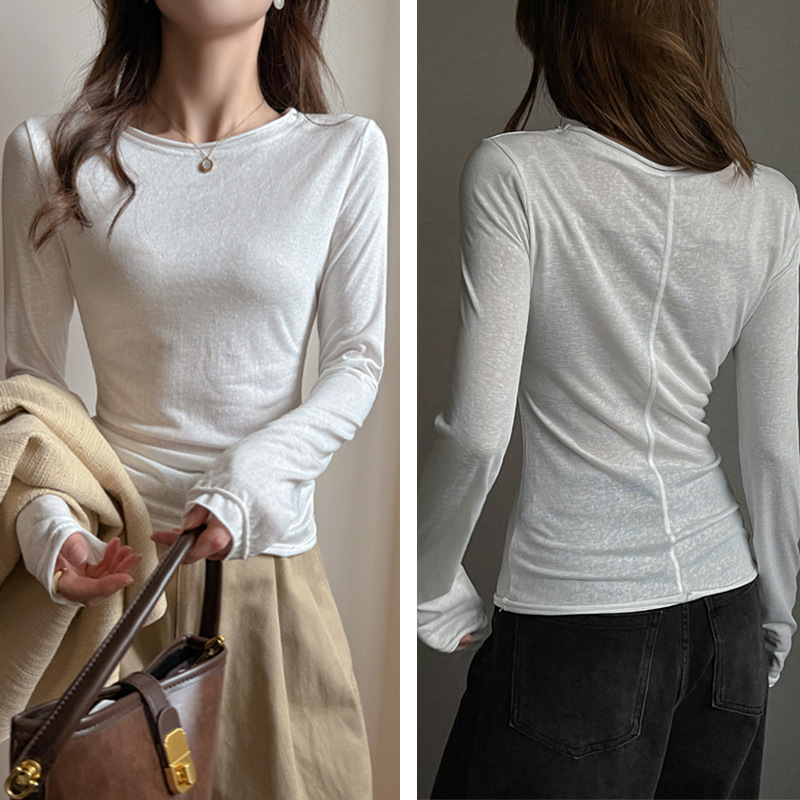 Designed Round Neck Rolled Edge Right Shoulder Long-Sleeved T-Shirt for Women in Autumn and Winter White Simple Versatile Casual Bottoming Shirt for Inner Wear Designed Round Neck Rolled Edge Right Shoulder Long-Sleeved T-Shirt for Women in Autumn and Winter White Simple Versatile Casual Bottoming Shirt for Inner Wear