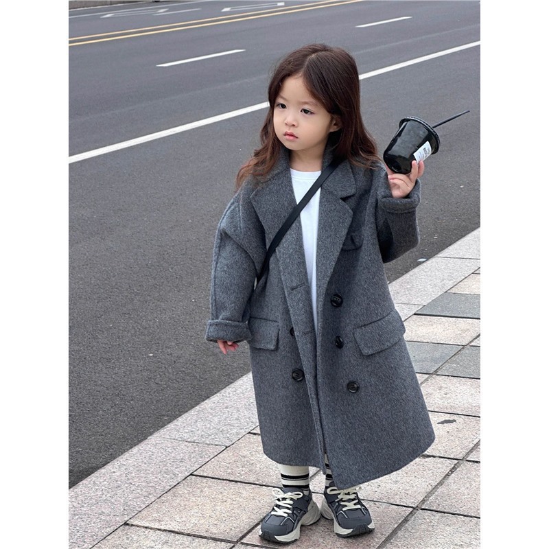 Korean-Style Boys' and Girls' 2025 Autumn and Winter New Mid-Length Gray Wool Coat, Stylish and Durable Children's Thick Woolen Outerwear