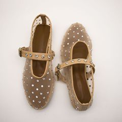 2024跨境外貿網面燙鑽一字帶淺口涼鞋圓頭瑪麗珍平底單鞋芭蕾女