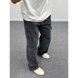 美式高街泥染灰宽松帆布口袋工装裤男百搭直筒显瘦直筒伐木长裤潮