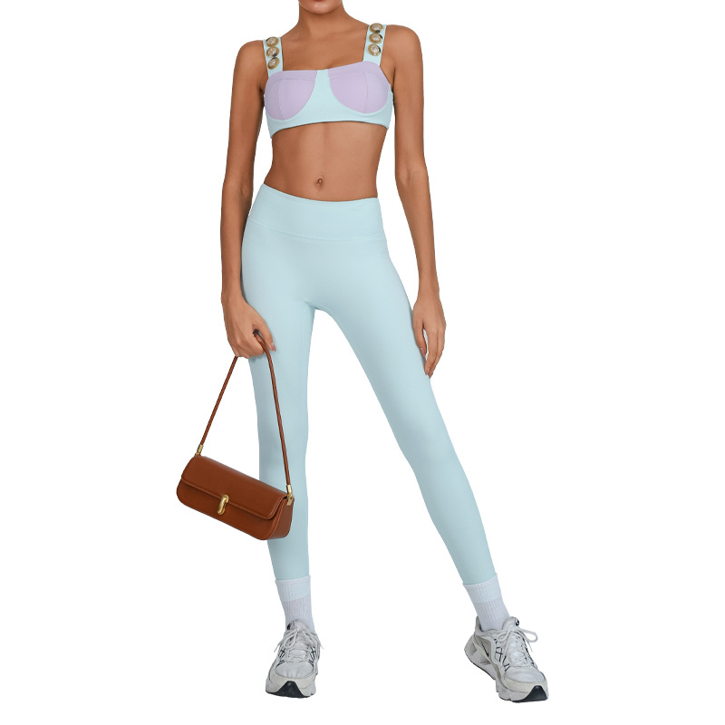 Traje de fitness deportivo transfronterizo de comercio exterior, pecho envuelto en color en contraste para mujer, chaleco con almohadilla para el pecho, pantalones desnudos de secado rápido de alta elasticidad