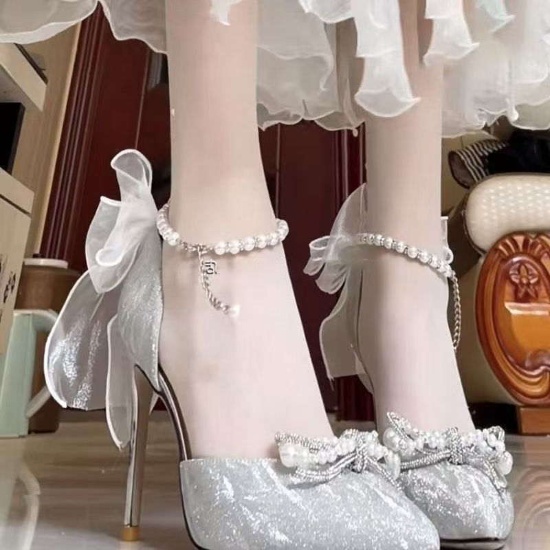 2025 Spring and Summer New Pointed Toe Bow Stiletto Heel 18 Coming-Of-Age Crystal High Heels French Silver Pearl Chain for Women 2025 Spring and Summer New Pointed Toe Bow Stiletto Heel 18 Coming-Of-Age Crystal High Heels French Silver Pearl Chain for Women
