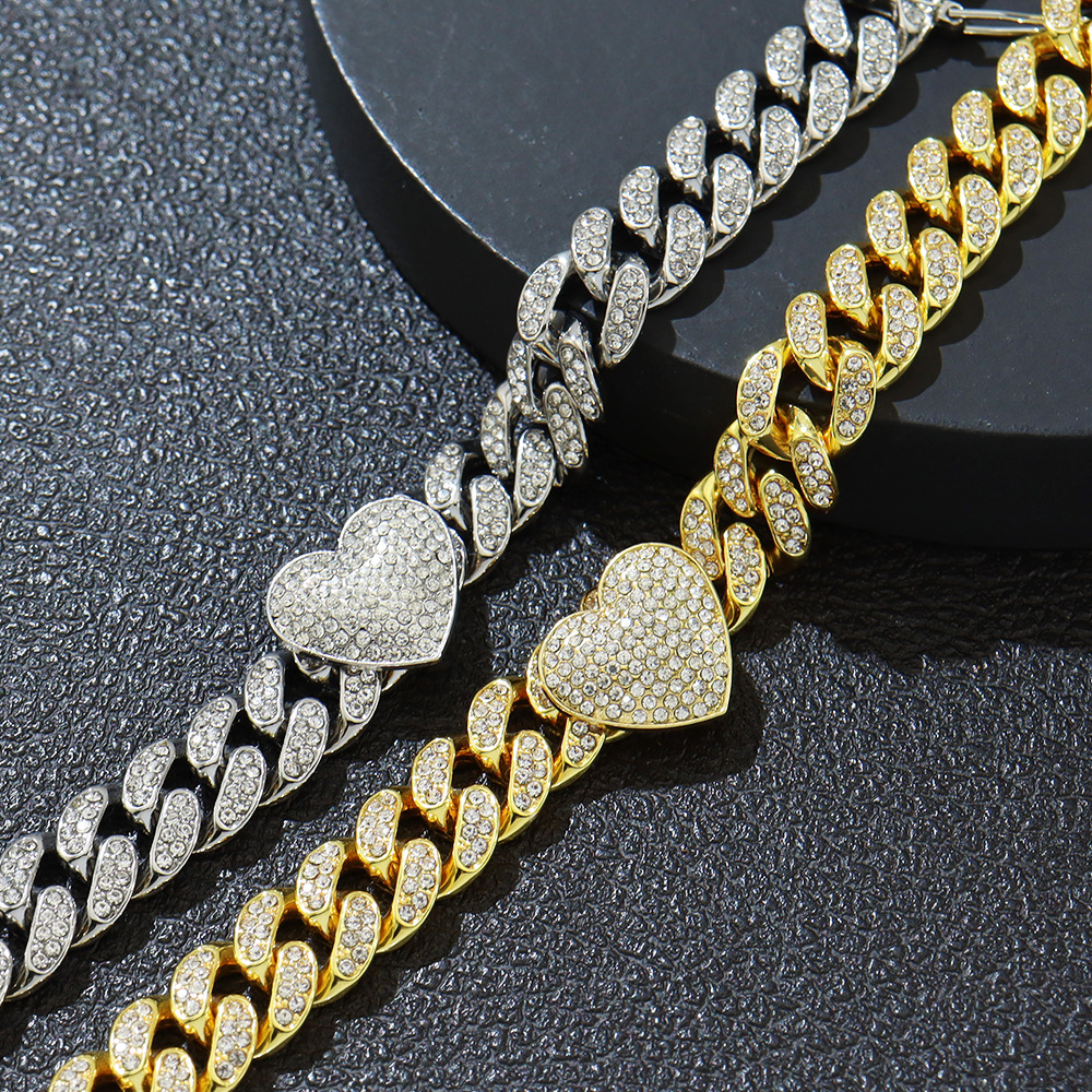 Unisex Gender Cool Three-Dimensional Fully Jeweled Loving Heart Heart-Shaped Creative Cuban Link Chain Bracelet  Hip Hop Style Couple Bracelet Bracelet