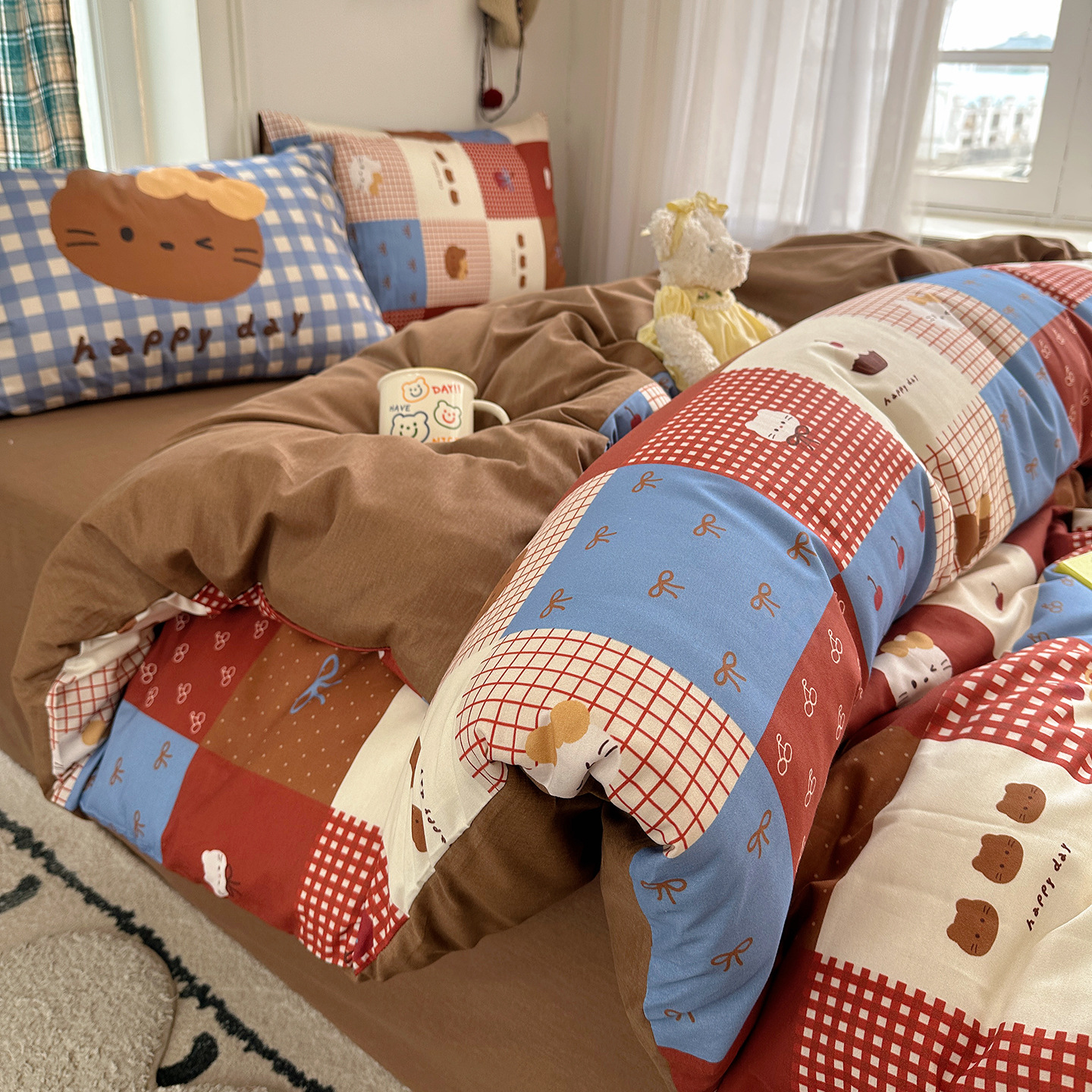 Mezcla de algodón impresa digital grande funda de almohada pequeña serie fresca gatos lindos cuatro piezas dormitorio tres piezas cama