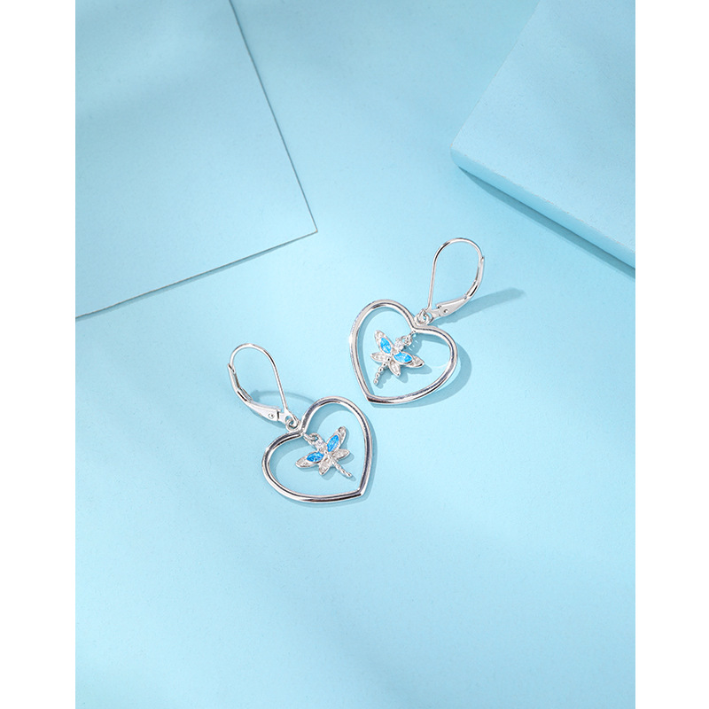 925 plata esterlina libélula aretes en forma de corazón para mujeres joyas transfronterizas japonesas y coreanas nicho de alto nivel Zircon amor pendientes