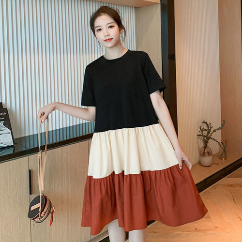 Korean-style T-shirt Dress with Colorblock Design, Loose-Fit Plus-Size Fashionable & Chic Mid-Length Skirt Over-the-Knee for Summer