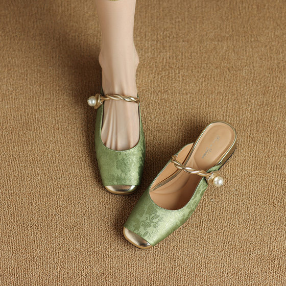 Popular Internet Style Baotou Half Slippers Women's Summer Outer Wear 2024 New Style National Style Mid-Thick-Heeled Lazy Muller Slippers