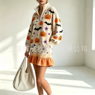 欧美复古丝绒立领泡泡袖荷叶边卫衣裙 荷叶边休闲连衣裙小量批发