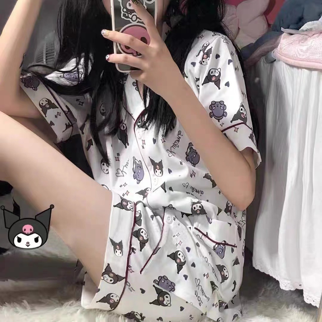 Corea del Sur al aire libre negro Mickey cardigan pijamas mujeres verano ins estilo manga corta de dos piezas traje de desgaste para el hogar