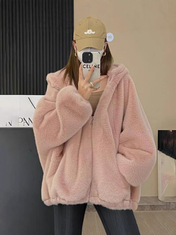 2025秋冬女加厚宽松连帽仿羊羔毛皮毛一体毛绒外套女棉服拉链上衣|undefined