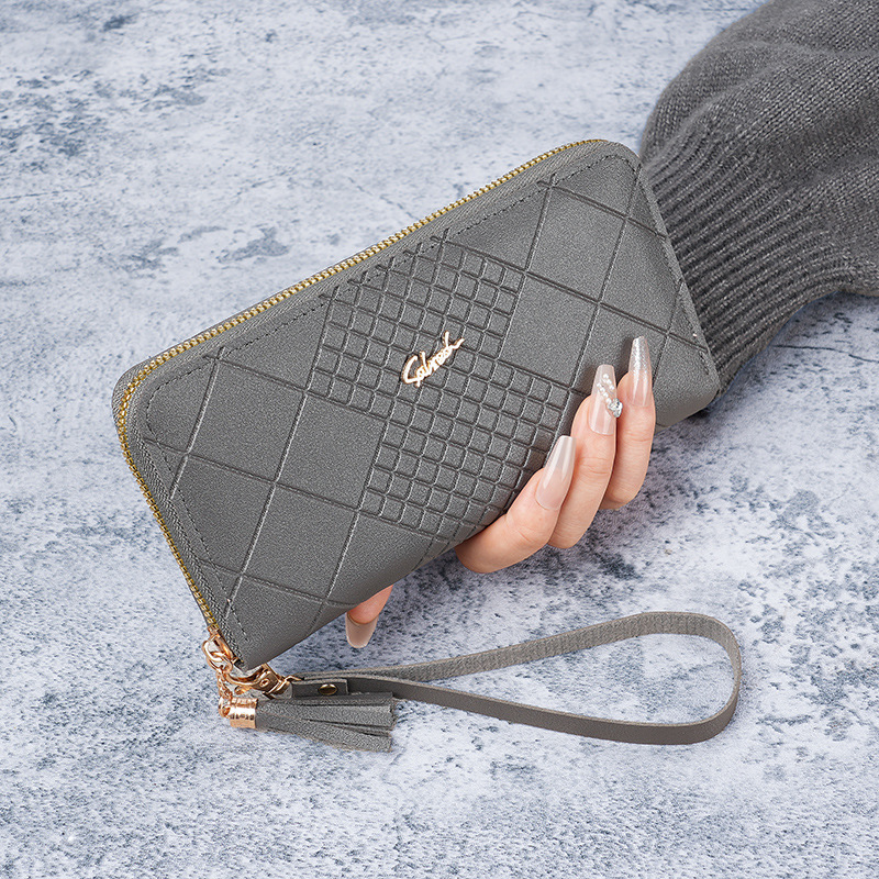 Cartera de mujer larga coreana, bolso de mano, bolso de teléfono móvil, bolso de mano con cremallera simple en relieve de mujer larga