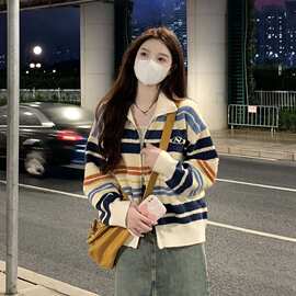 2024慵懒风彩虹条纹复古早春立领拉链毛衣开衫外套新款针织秋冬女