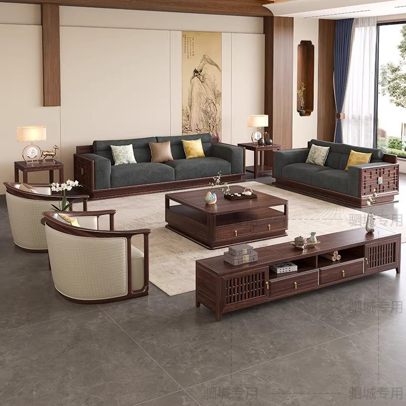 Solid Wood Sofa Set in Ebony Wood, New High-End Villa Living Room, Large-Sized New Chinese Style, Light Luxury, National Trend Wood