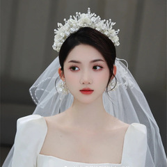 Luxurious bridal pearl crown tiara, beautiful and simple temperament, heavy handmade flower hair accessories, dreamy princess wedding jewelry